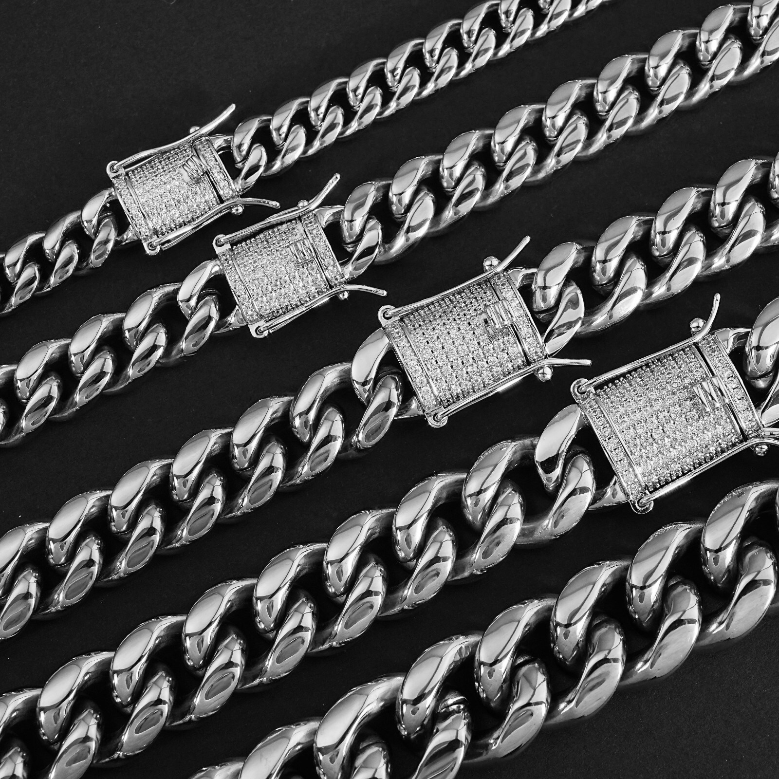 Miami Cuban Link Bracelet Chain Set White Gold Stainless Steel With CZ Clasp