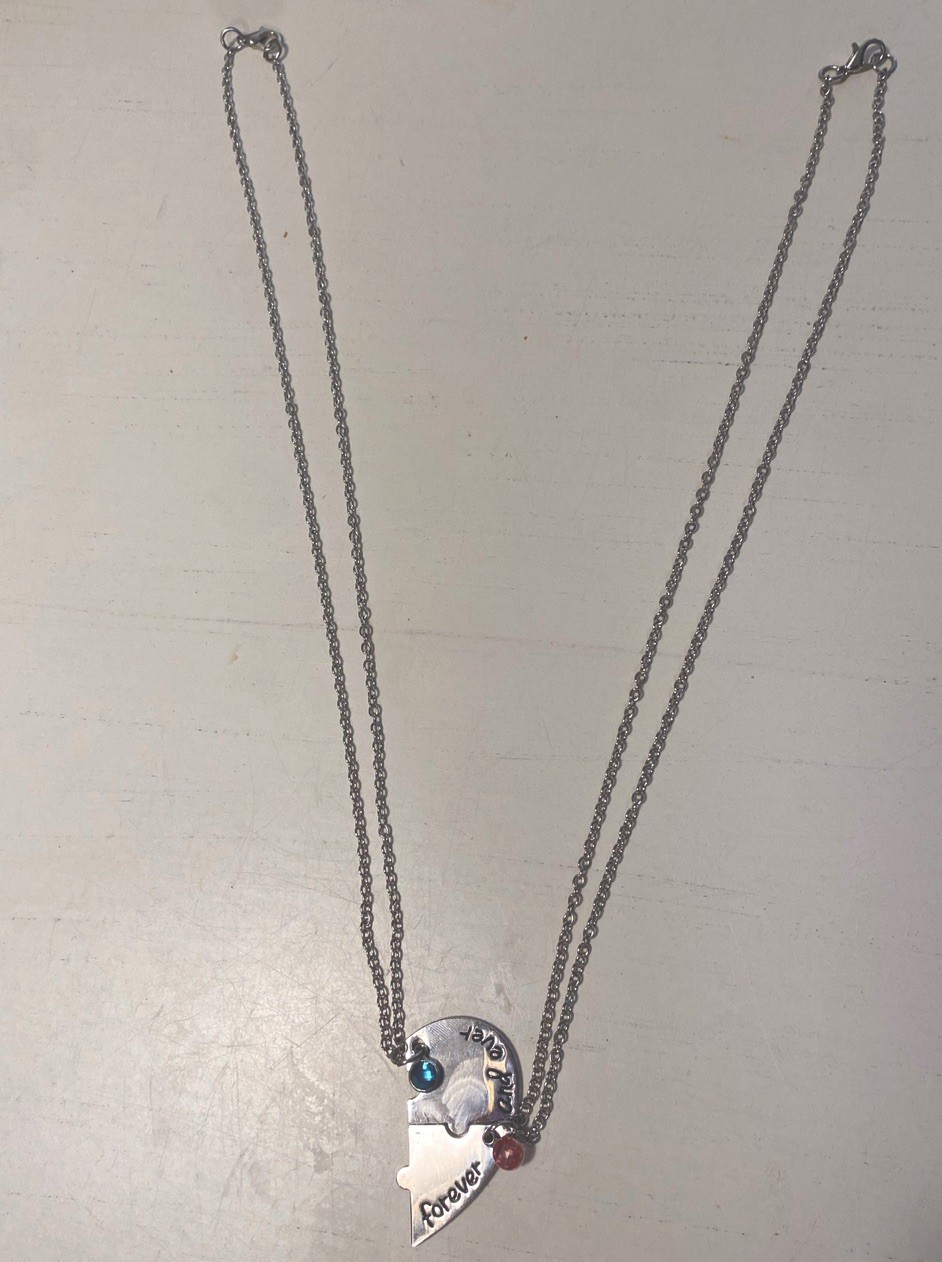 Silver tone, pink blue. Puzzle Friendship Jewelry Set Necklace. Forever and Ever
