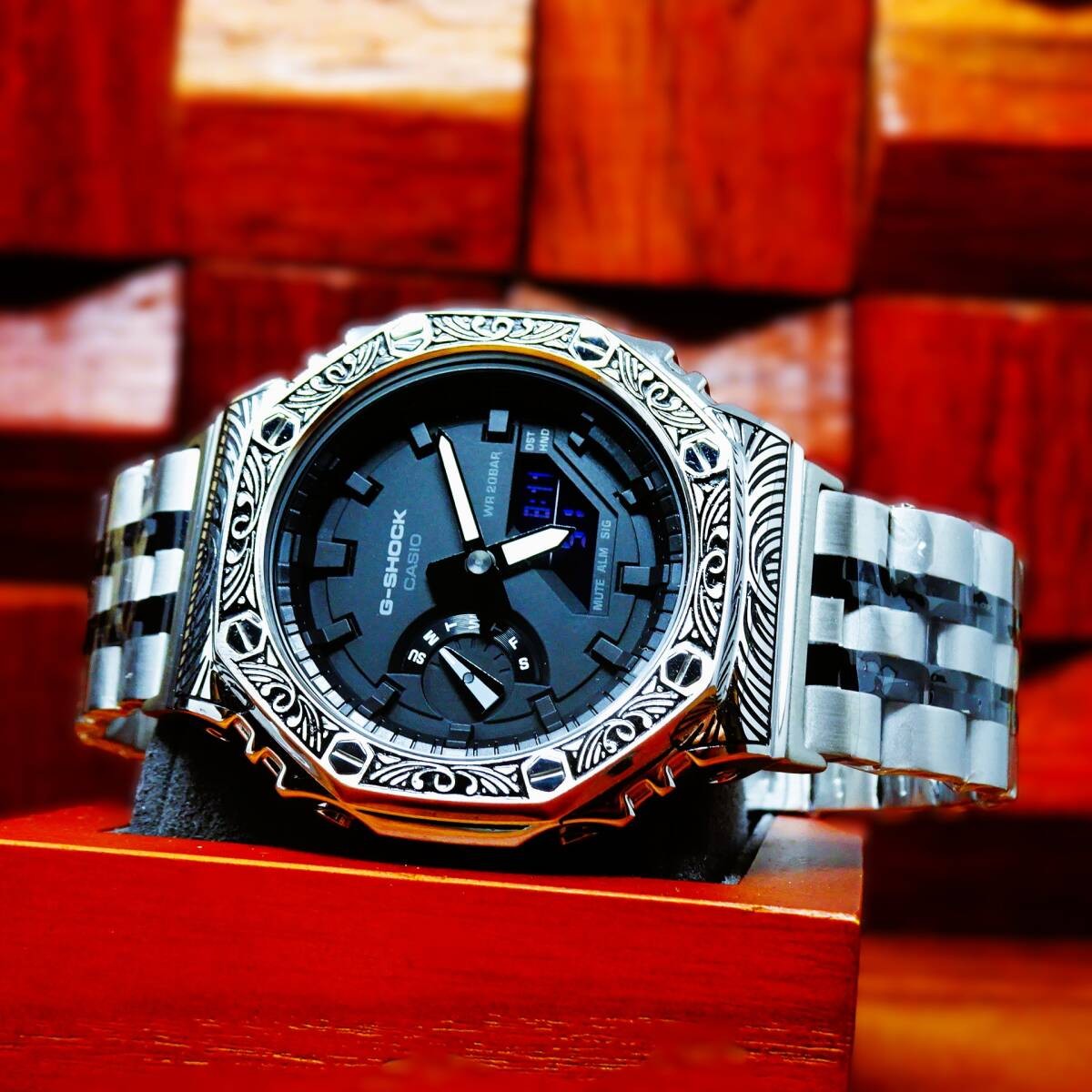 CUSTOM CASIO G-Shock GA-2100-7A Stainless Steel Venetian Pattern New item in Box