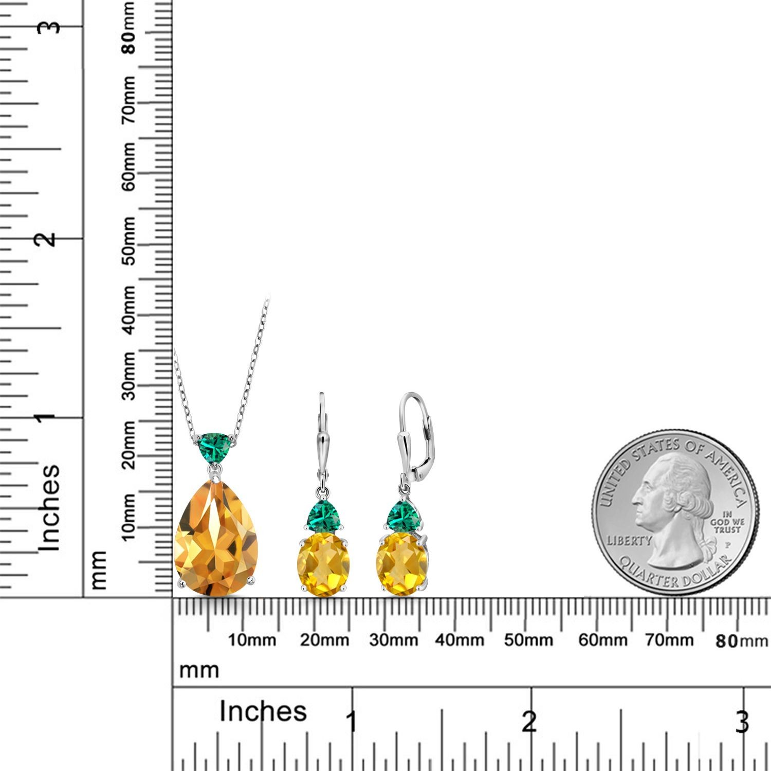 925 Sterling Silver Citrine and Nano Emerald Pendant Earrings Jewelry Set For