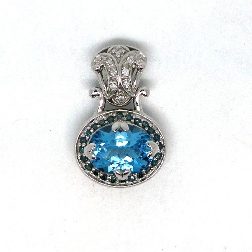 14k White Gold Blue Zircon & Diamond Pendant