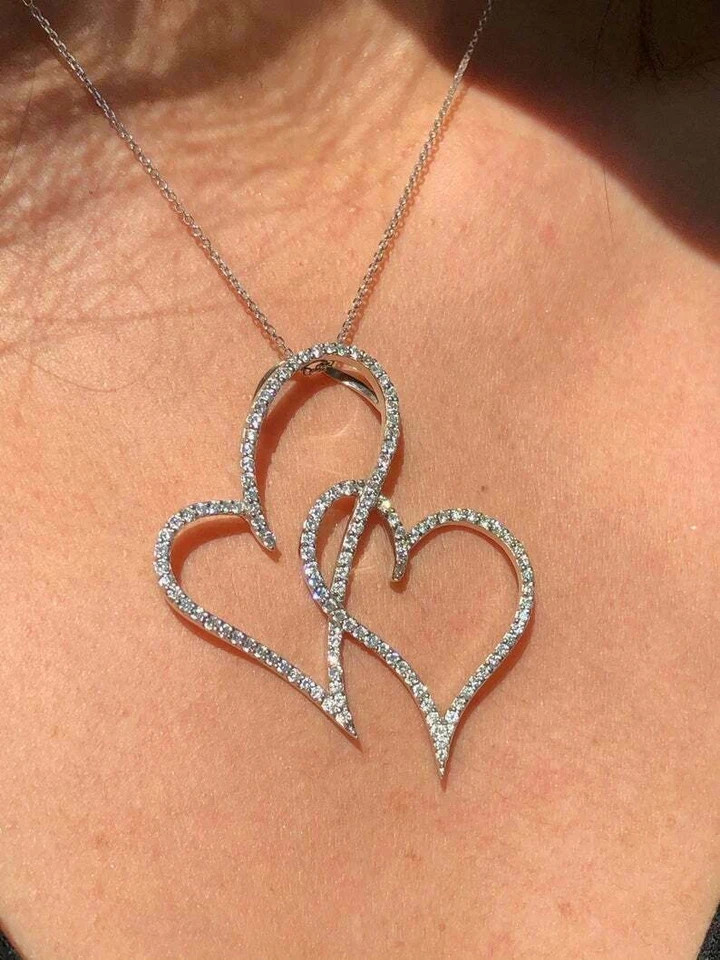 1.20Ct Round Lab Created Moissanite Double Open Heart Pendant 14k White Plated