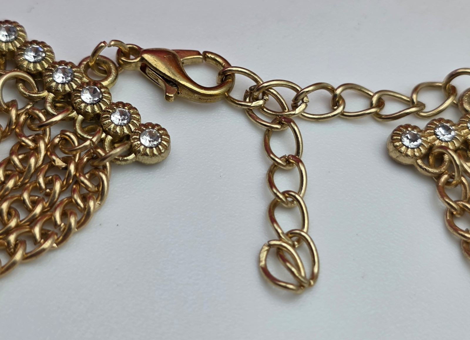Gold Tone Clear Crystal White Faux Pearl 5 Strand Statement Bracelet 8-9.5 In