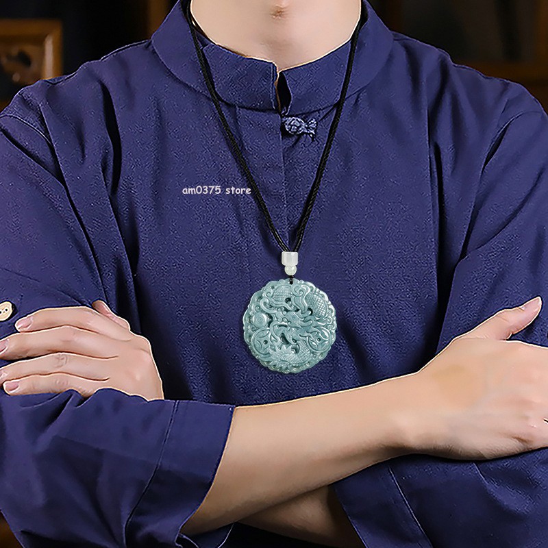 Natural Grade A Jade Jadeite Blue Water Women’s Men Round Ziodiac Dragon Pendant