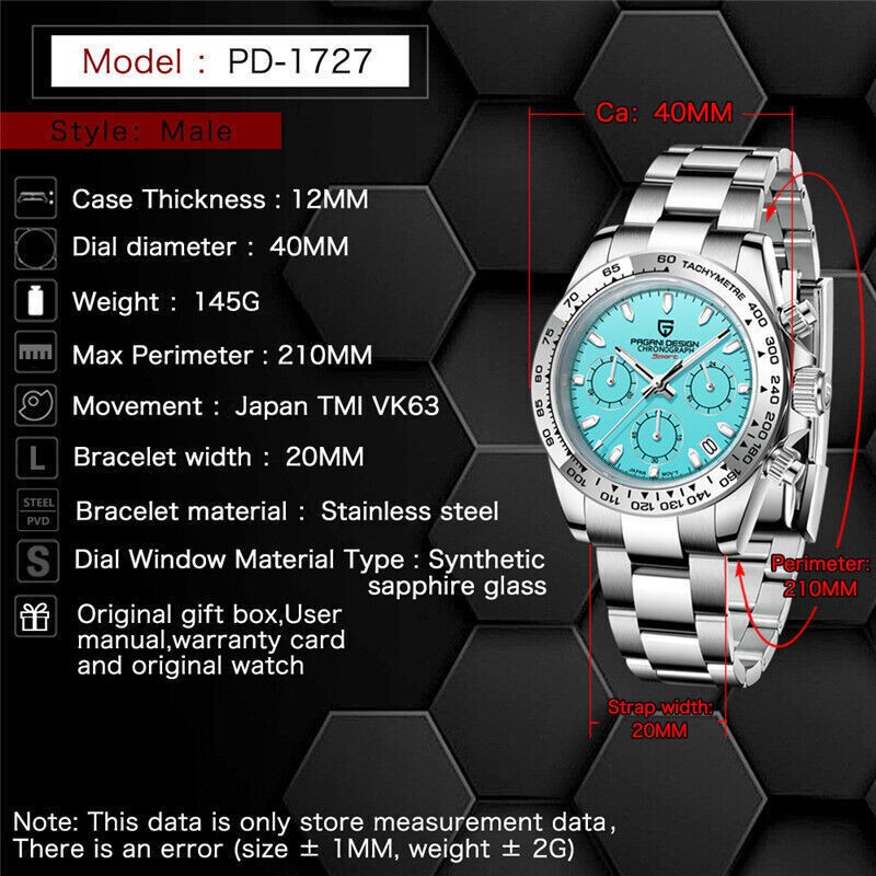 PAGANI DESIGN 40MM Men’s Chronograph Quartz Watch Date Stainless Steel Bracelet