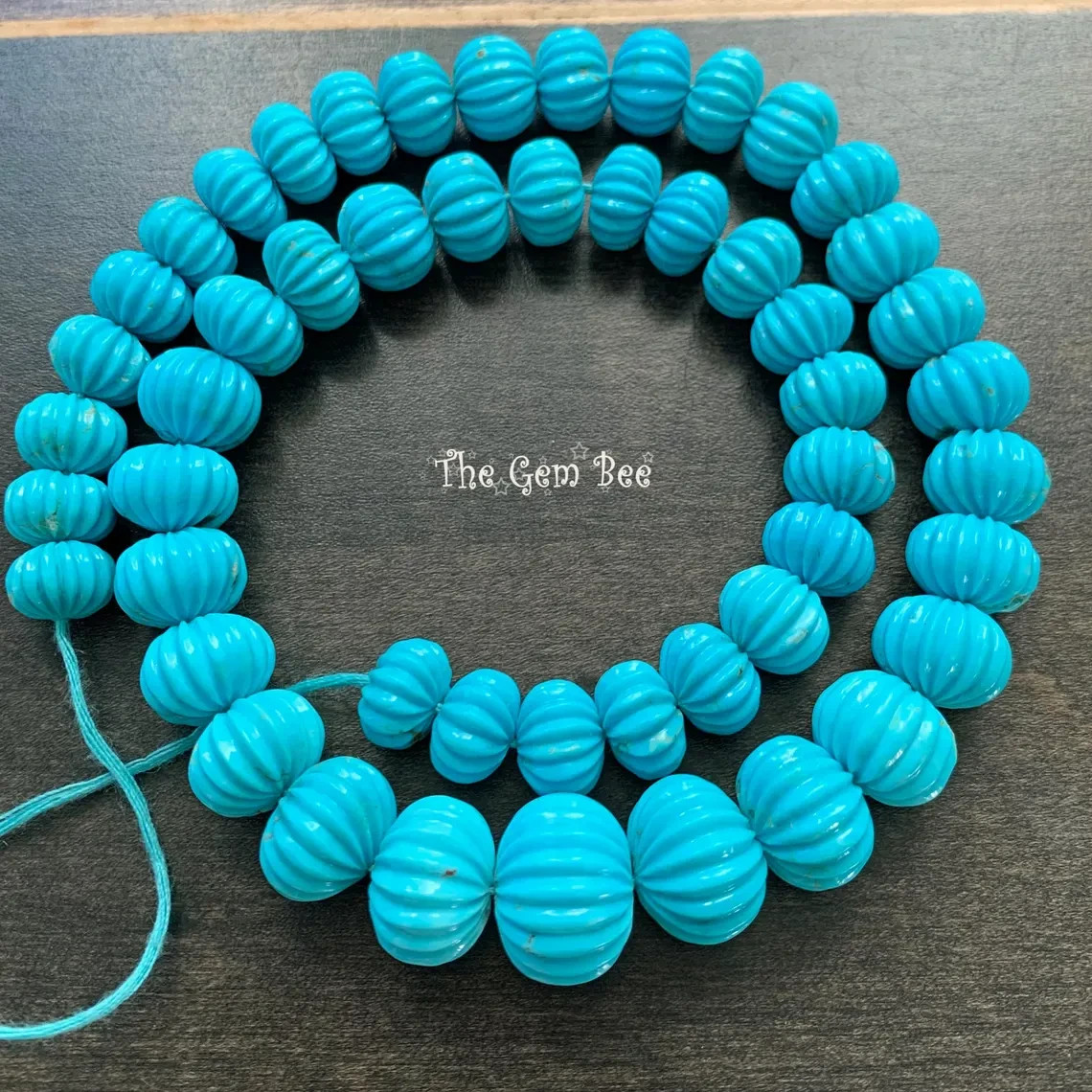 10.3MM-16MM Kingman Turquoise Hand Carved Melon Fluted Rondelle Bead 16.5 inch