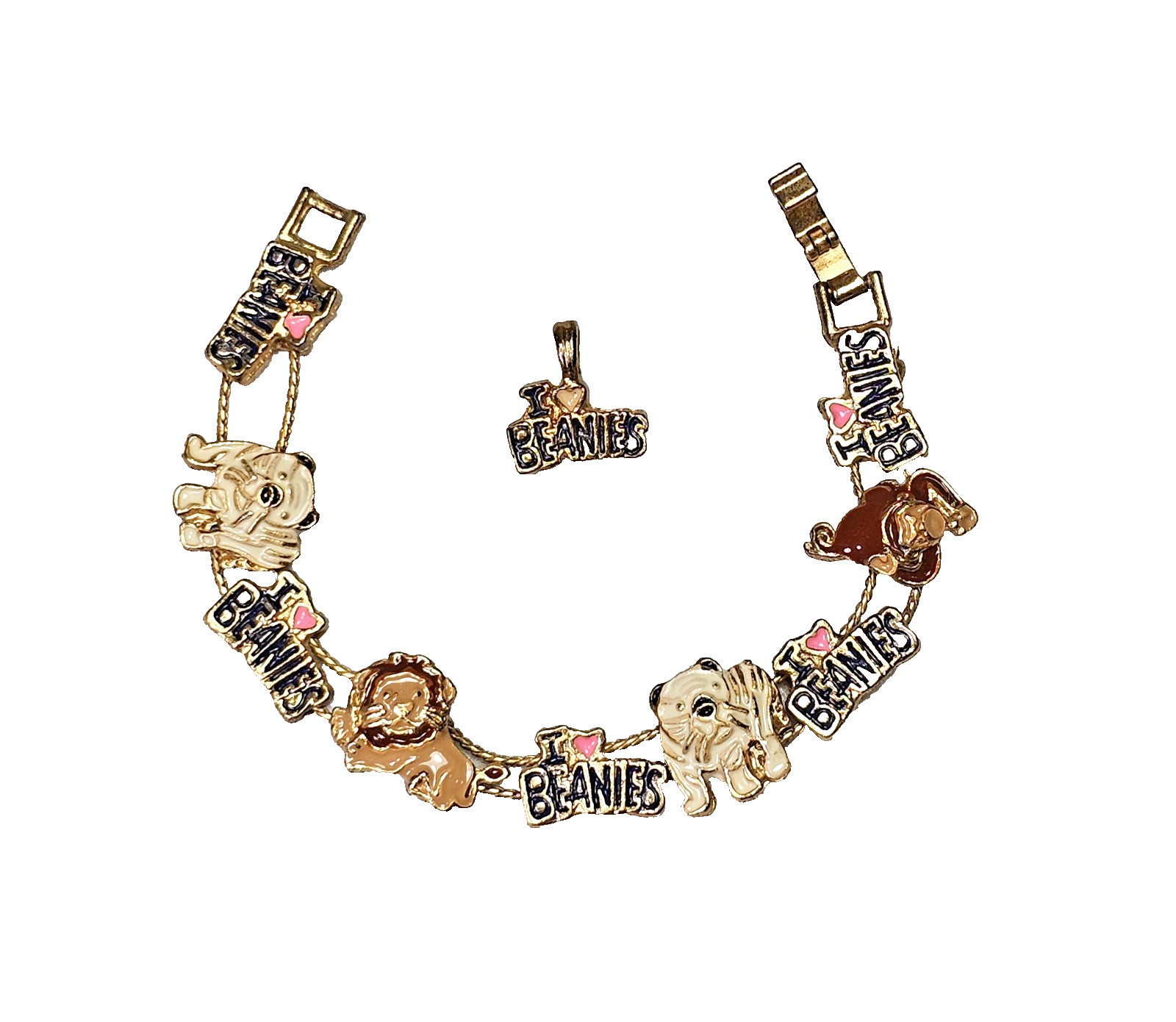 VTG I Love Beanies Pendant & 6 Inch Bracelet Set Gold Tone & Enamel