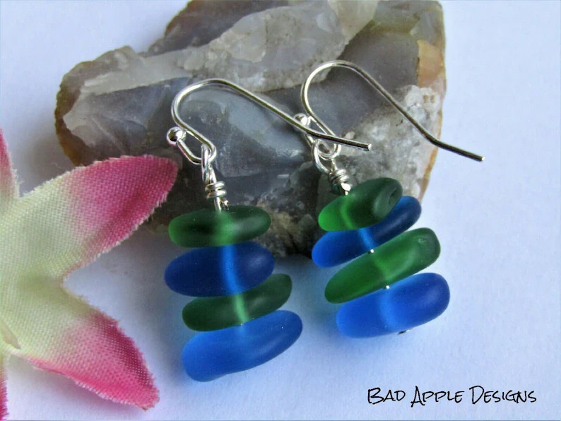 Green & Blue Sea Glass Pebble Earrings Silver Plated Usa Handmade