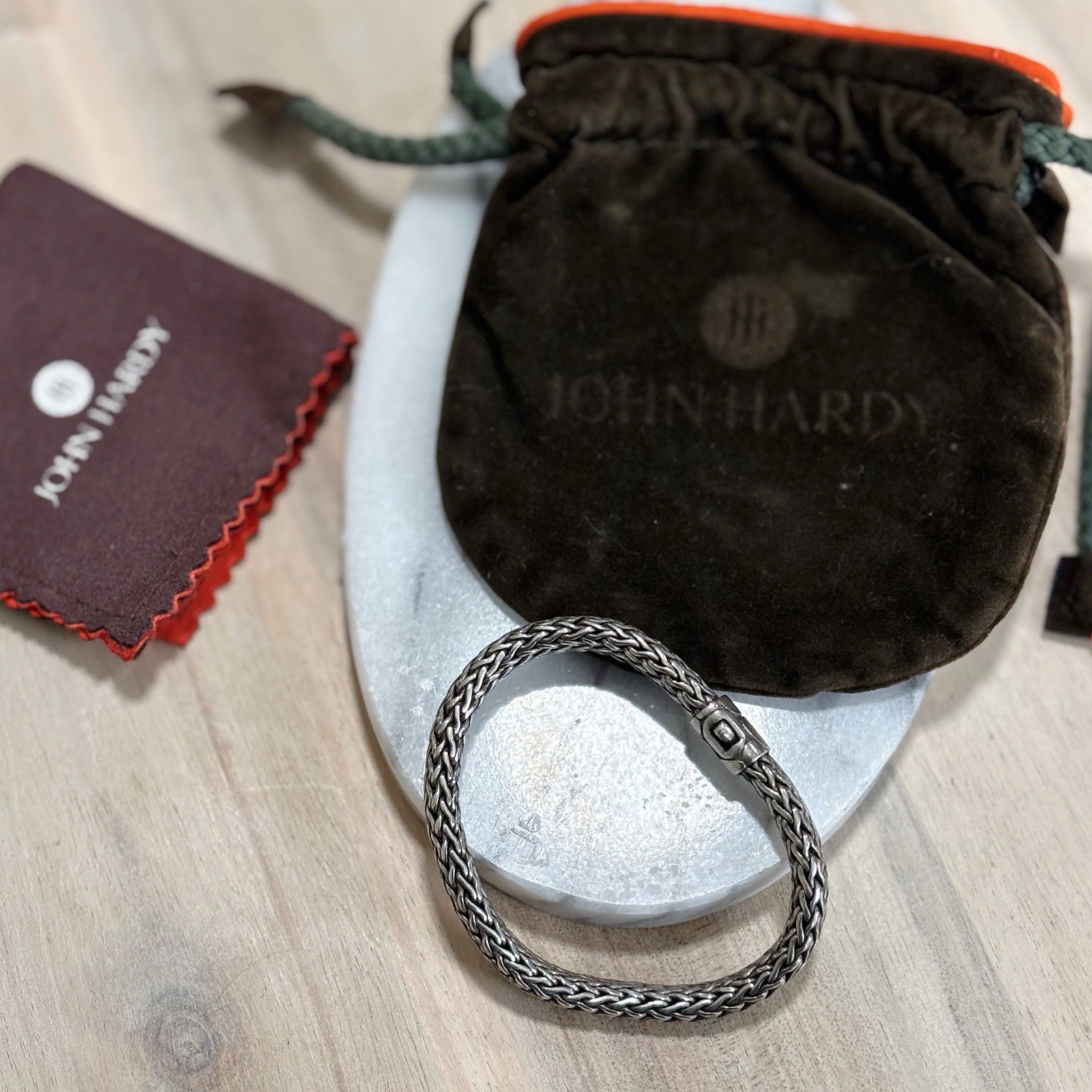 John Hardy Kali Pebble Sterling Silver Weave Chain Push Lock Bracelet 7.75”