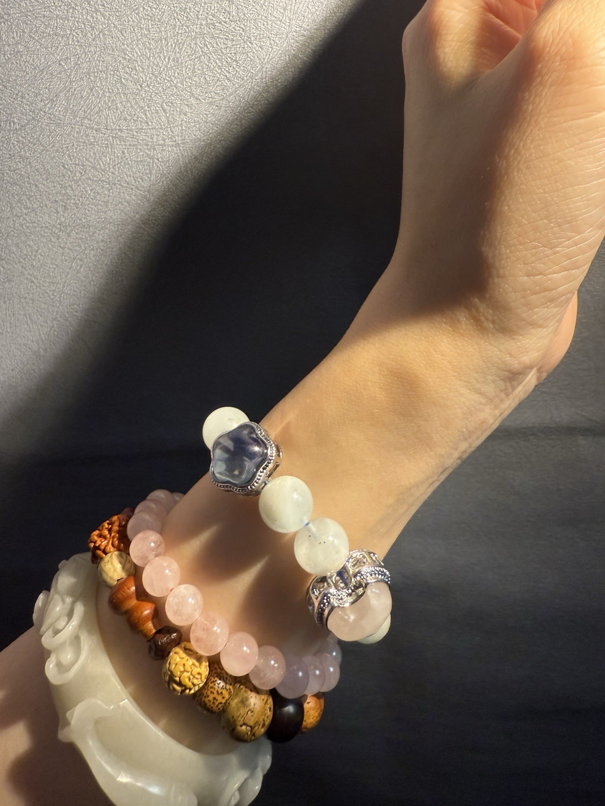 11.6mm Unqiue Natural Aquamarine with Rose Quartz，Fluorite Charm Bracelet