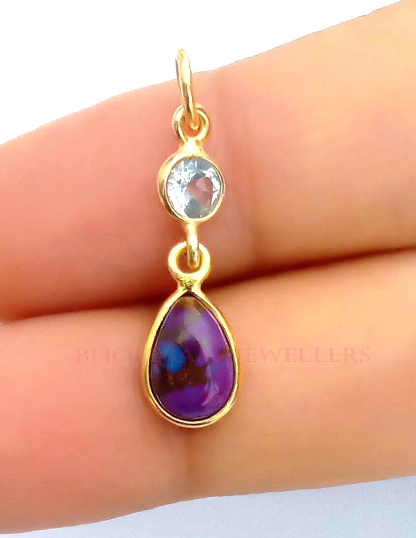 Purple copper Turquoise And Blue Topaz Gold charm Necklace ,18k- Gold Charm