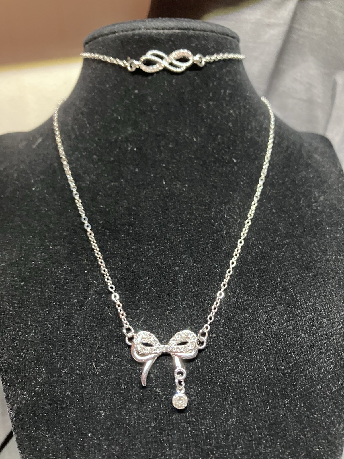 Womens stainless steel cz double bow necklace with infinity cz anklet/bracelet