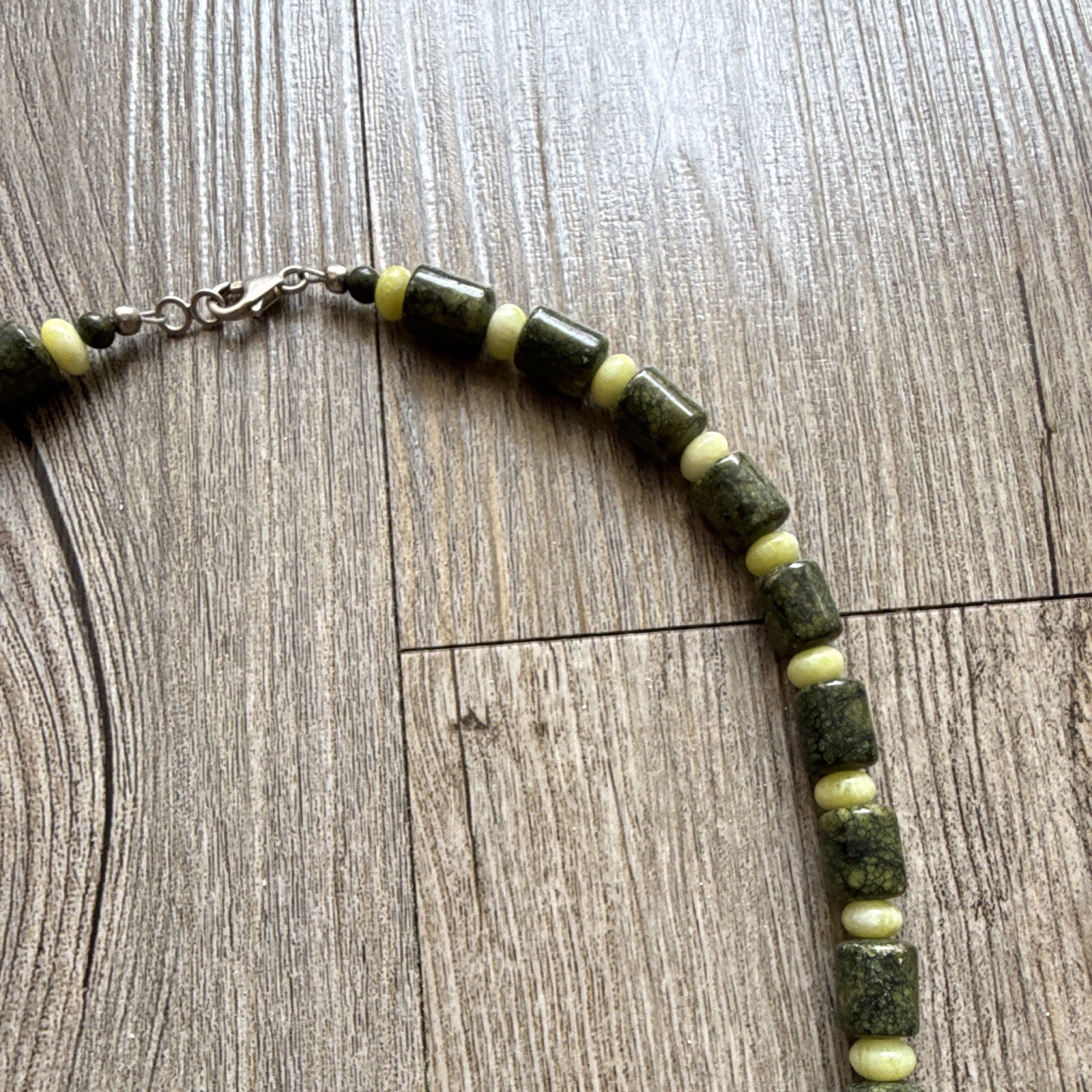 Green serpentine and Yellow Jade beaded necklace with silver lobster claw