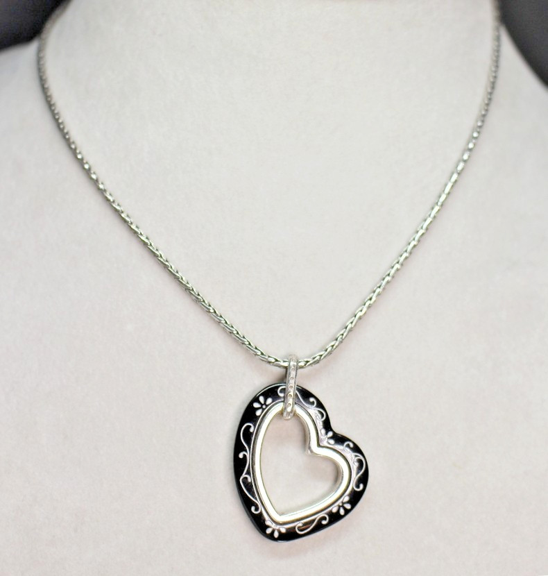 BRIGHTON Reversible Brown and Black with Silver Scroll HEART Pendant Necklace