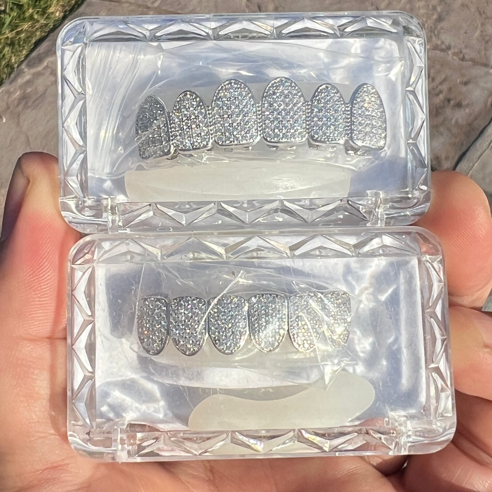 Men’s Real 925 Silver Grillz White Iced Micro Pave CZ Flooded Out Teeth Grills