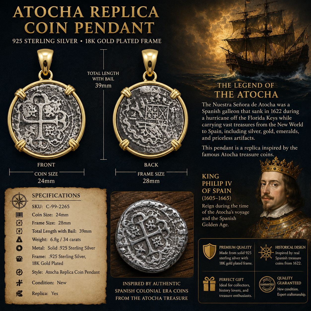 Atocha Treasure Coin Inspired Pendant 925 Silver 18K Gold Plated 39mm 6.8 grams