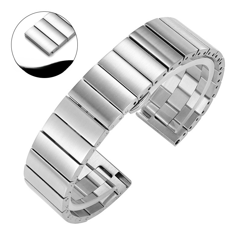 One Bead Solid Stainless Steel Watch Band Metal Butterfly Clasp Bracelet 16-22mm