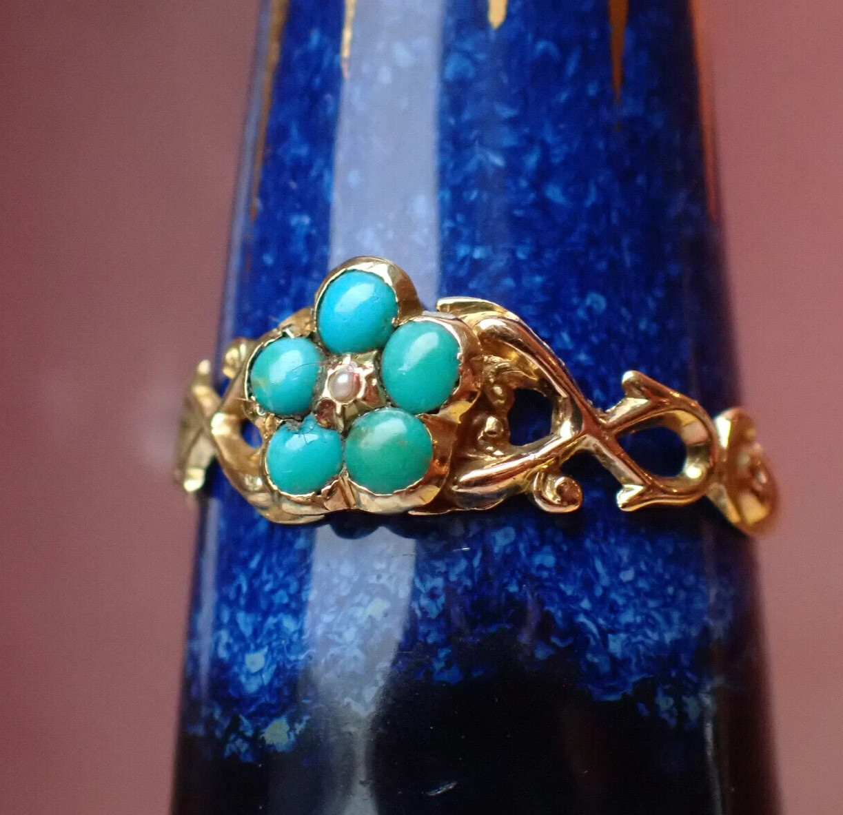 Wedding Ring 14k Yellow Gold Finish Vintage Round Cut Natural Turquoise & Pearl