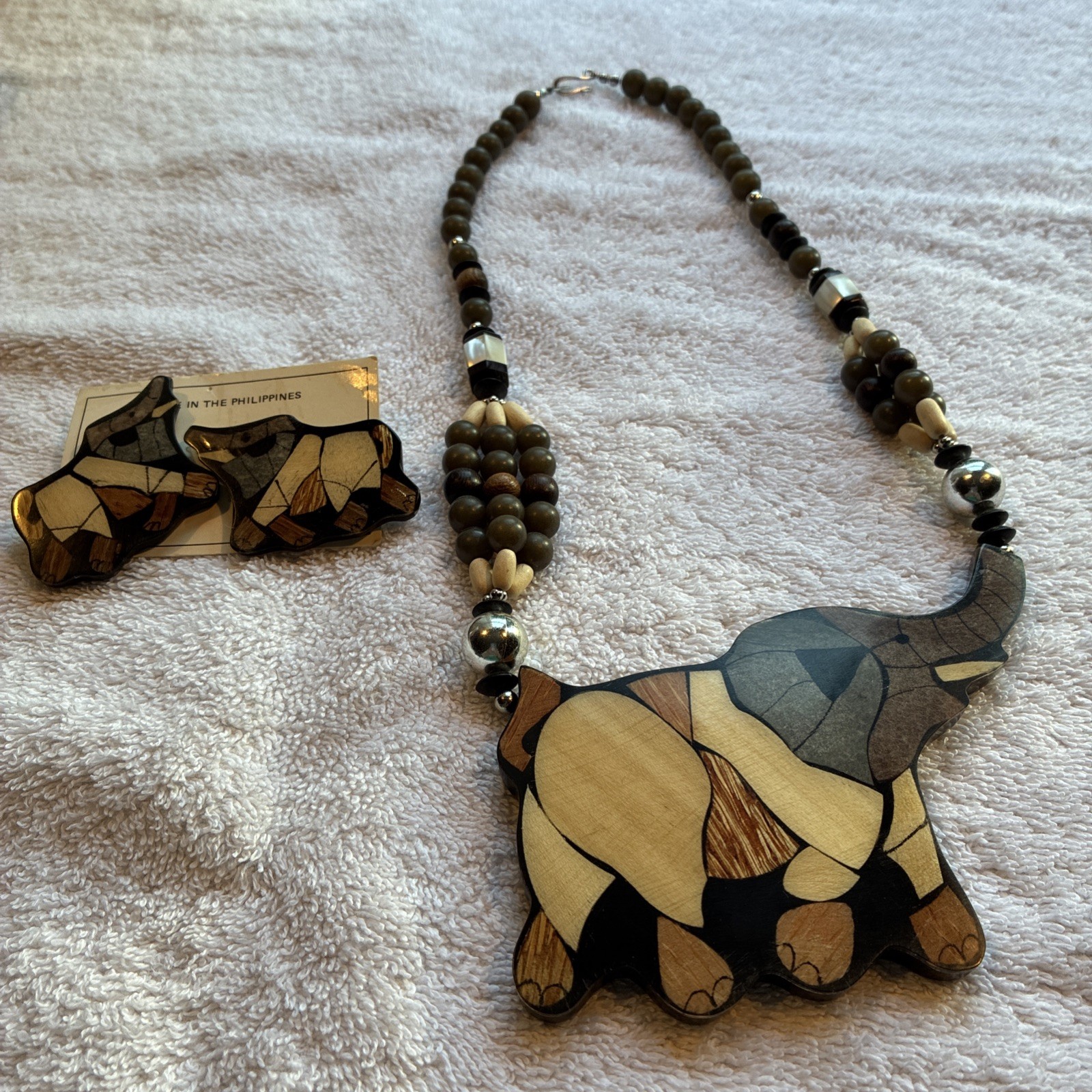 Vintage Lee Sands Wood Inlay Elephant Necklace and Earrings Made In Philippines