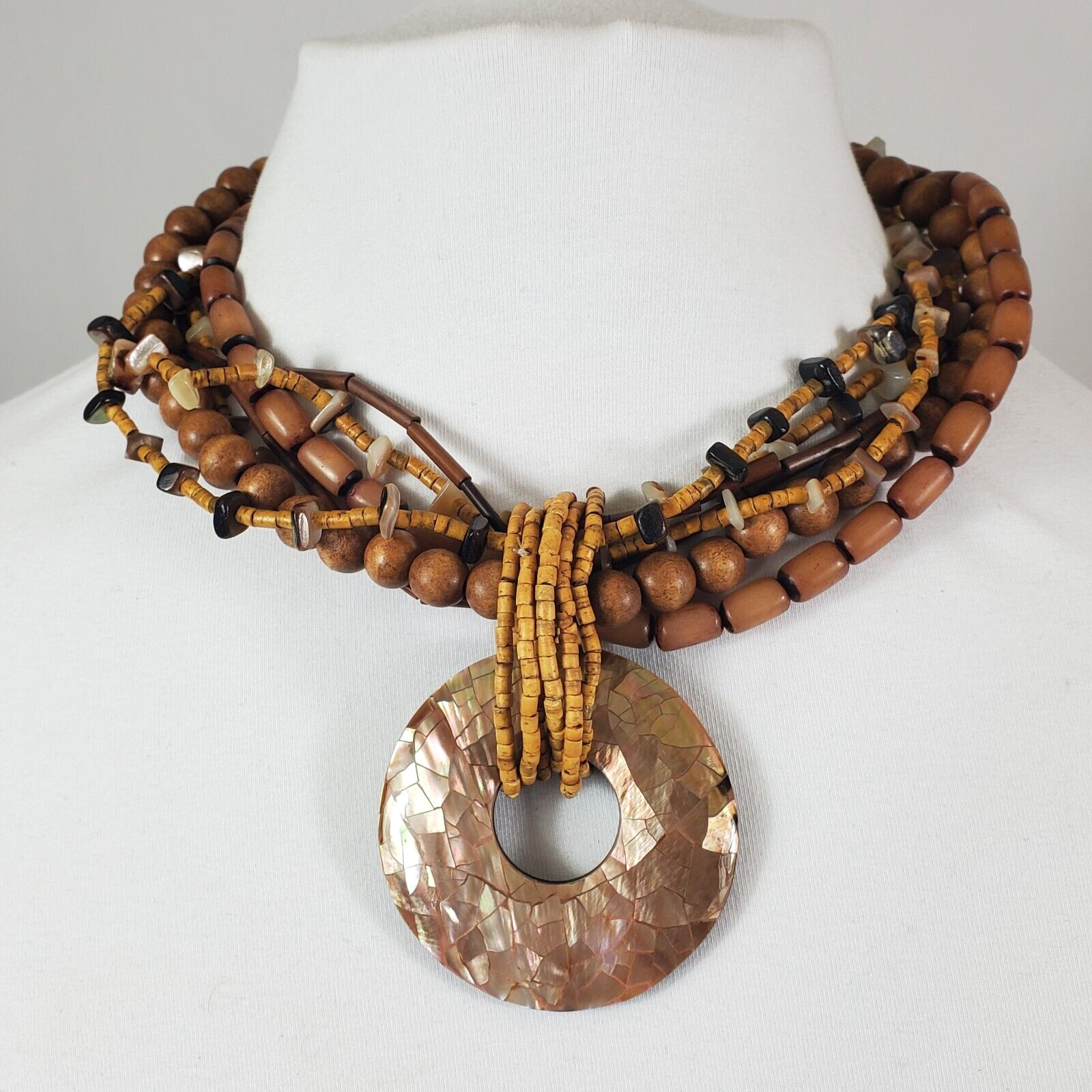 Necklace Statement Earth Tone Wood & Stone Beads Shell Mosaic Pendant 17″ to 21″