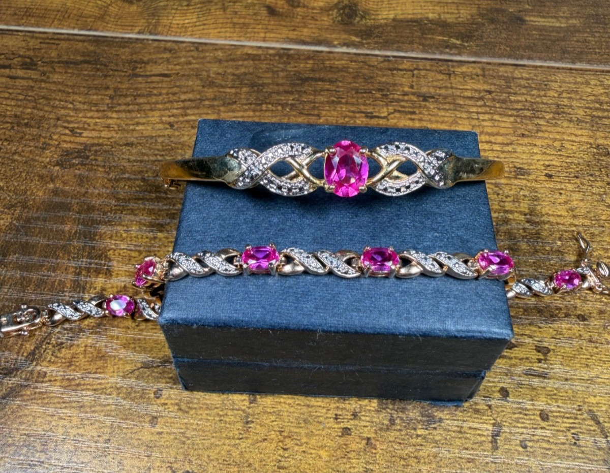 Ross-Simons 18K Gold Vermeil 925 Sterling Silver Pink Topaz Diamond Bracelet Set