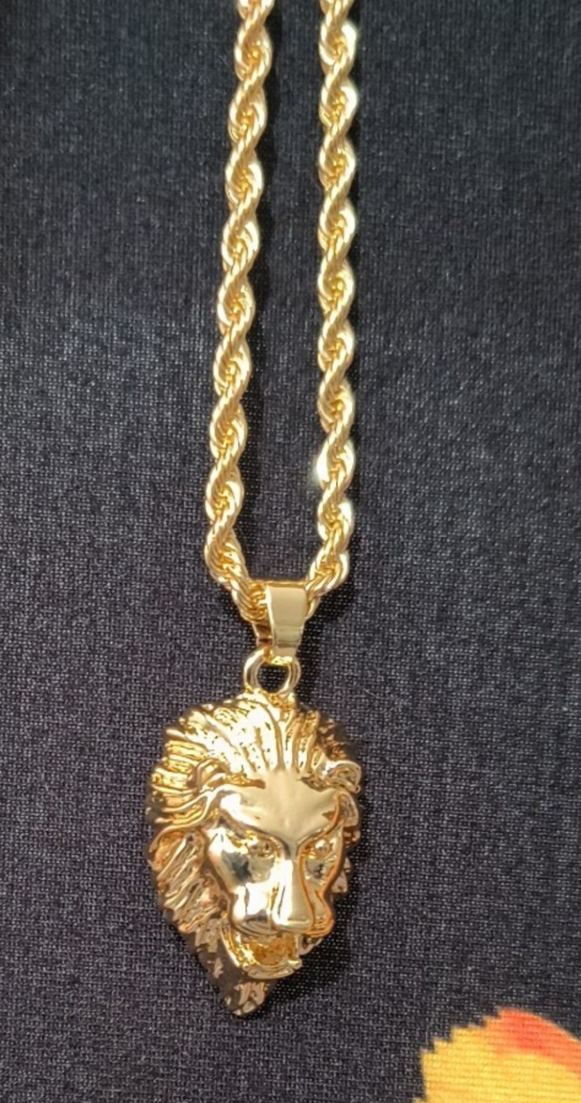 14k Gold rope chain necklace 24″ in W/ Iced Out lion head pendant #8