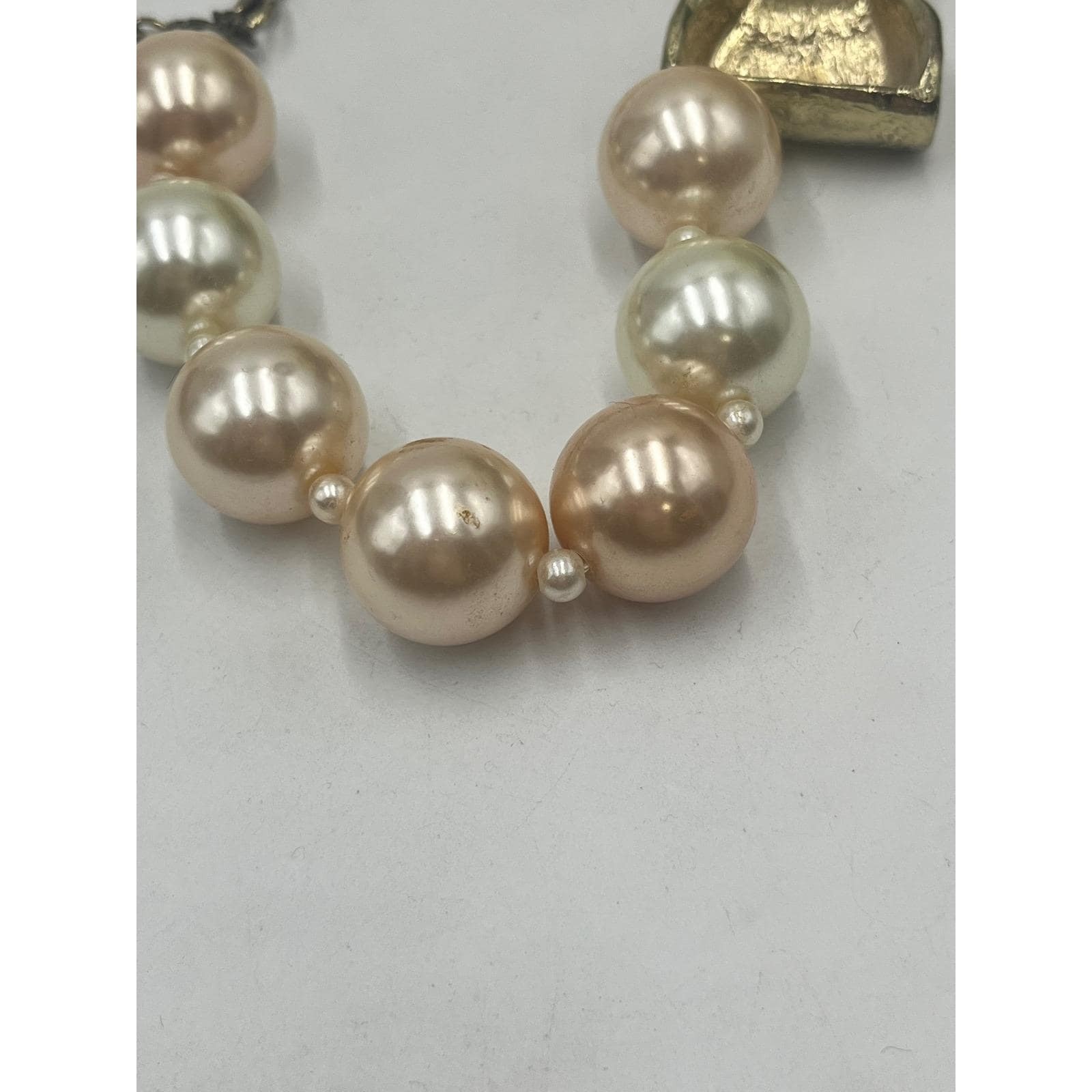 Lucia Vintage Large Faux Cream champagne Pearl Gold Tone Bow Collar Necklace