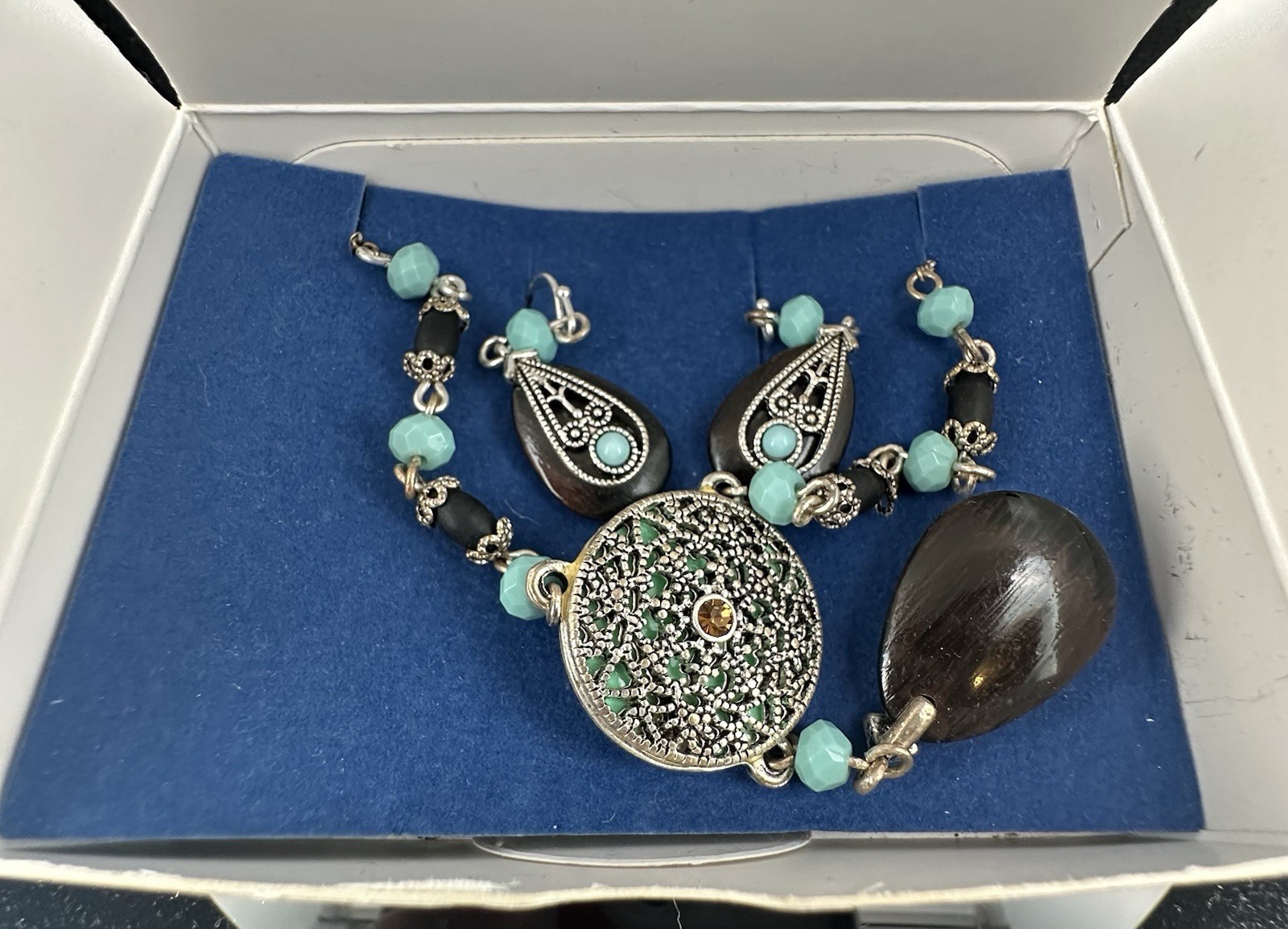 Avon Necklace Medallion Turquoise Colored & Topaz Rhinestone Earrings Set 2009