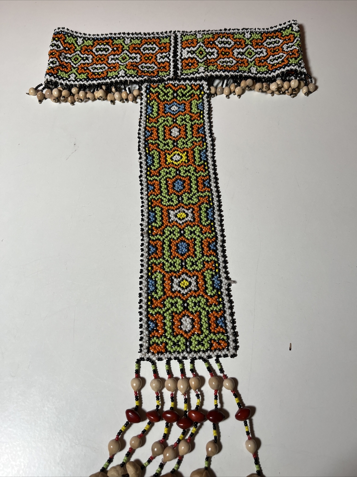 African Beaded Headpiece Tribal Ceremonial Dance Green Orange Tan White Blue