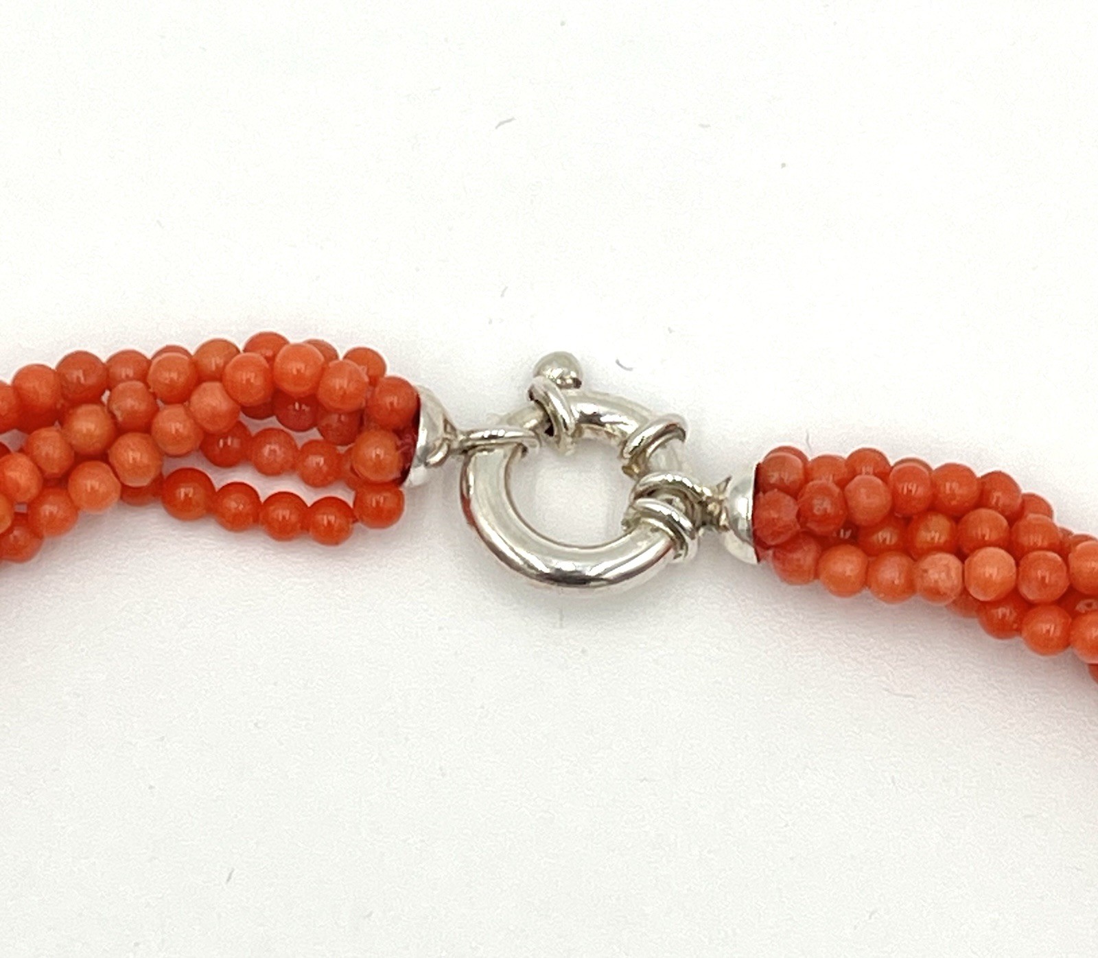 Natural Mediterranean Coral Necklace 5 Strands Tea Towel 925 Silver Made In Italy