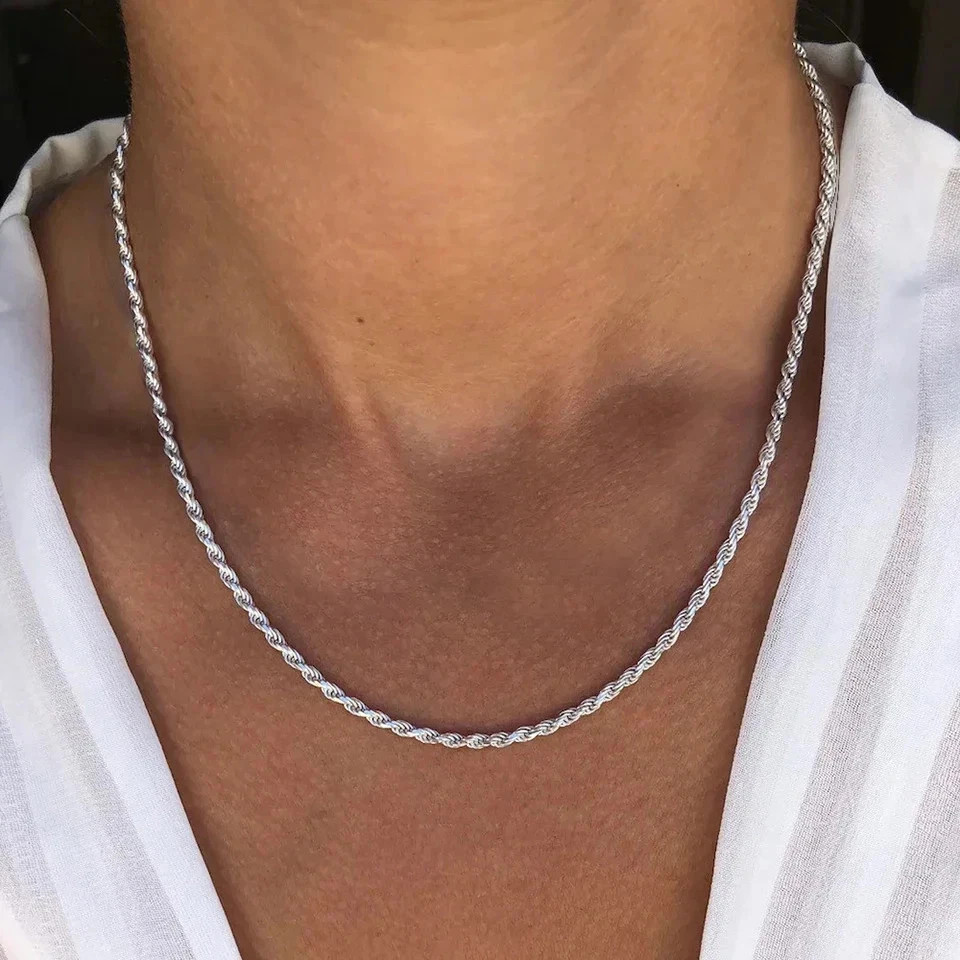 New Men’s Italian 4mm Diamond Cut Rope Chain Solid 925 Sterling Silver Necklace