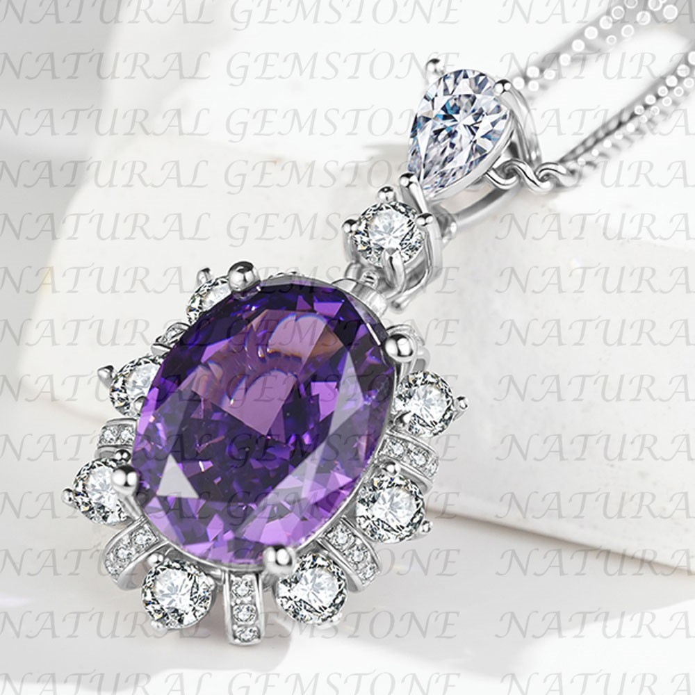 6.80Carat Oval Shape Natural Amethyst and Diamond Pendant 18K White Gold Plated