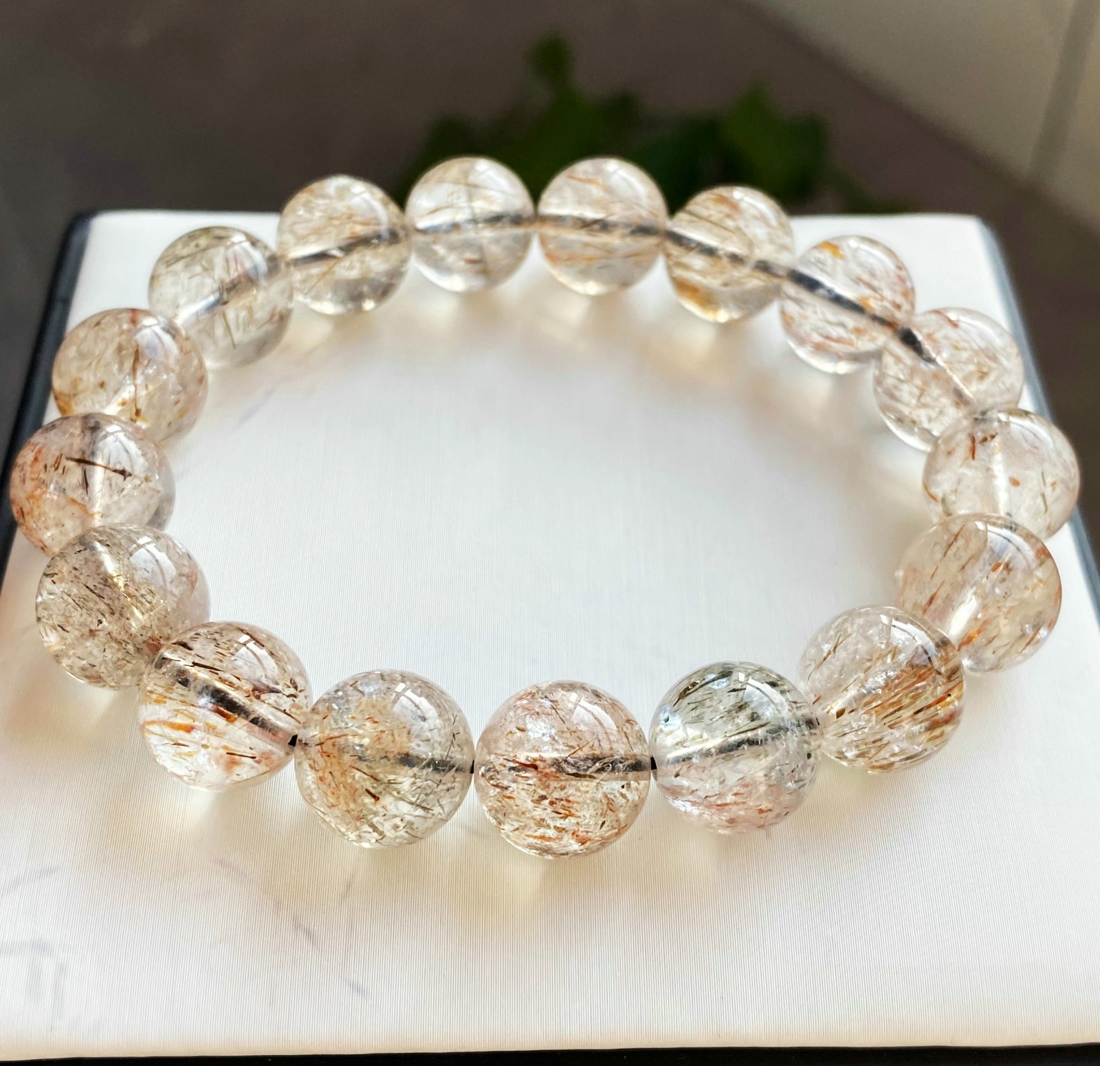 12.9mm Natural Black Gold Rutilated Super 7 Quartz Crystal Beads Bracelet 2571