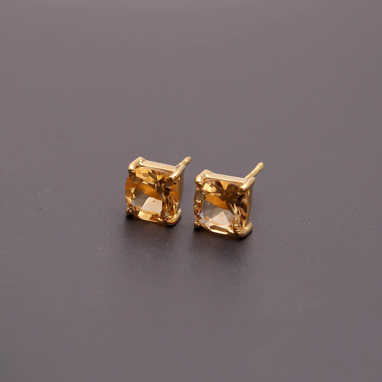 Natural Citrine Quartz Cushion Stud Earrings Gold Plated Solid Silver Jewelry