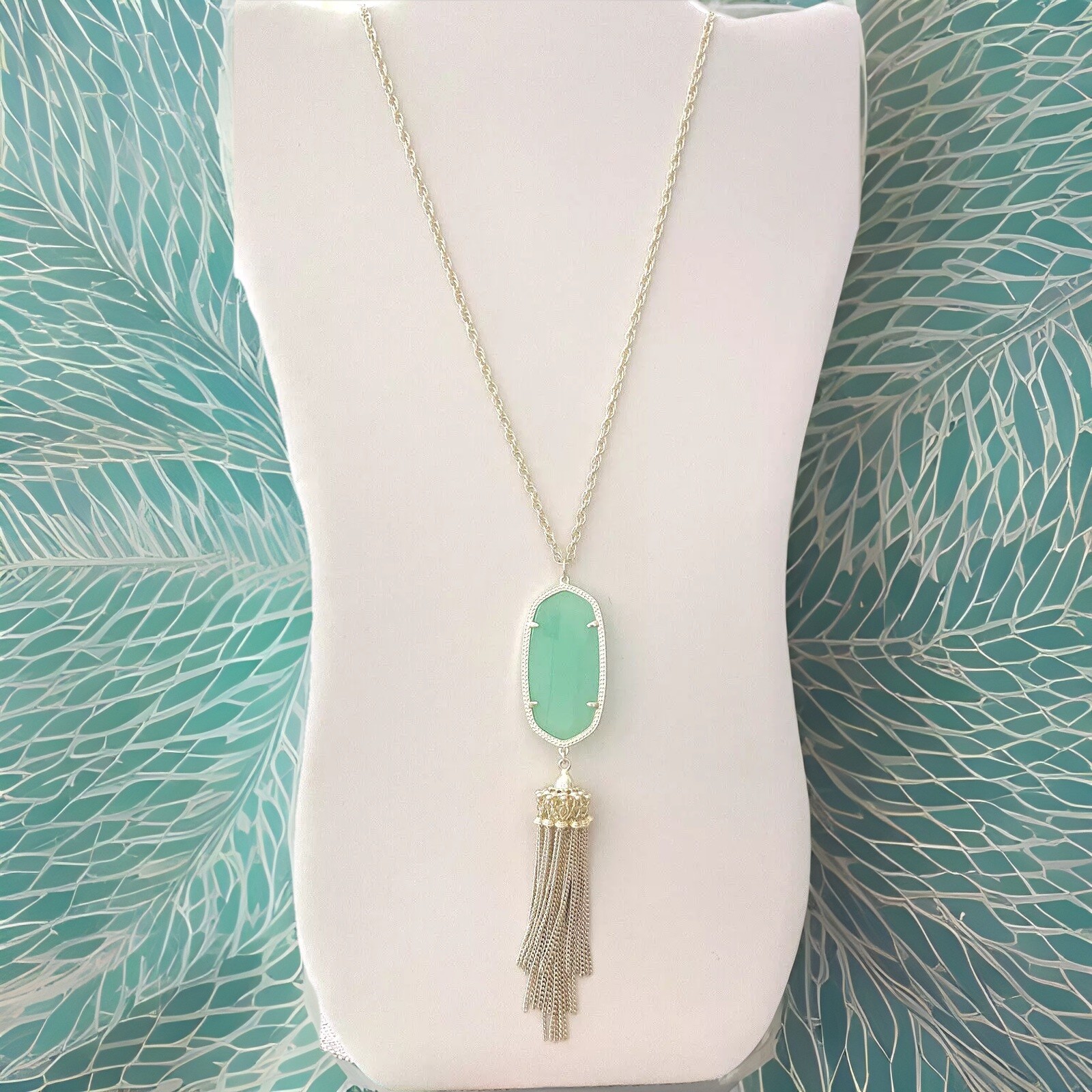 Kendra Scott Rayne Aqua Calcedony Tassel Pendant Necklace in Goldtone, NWT $80