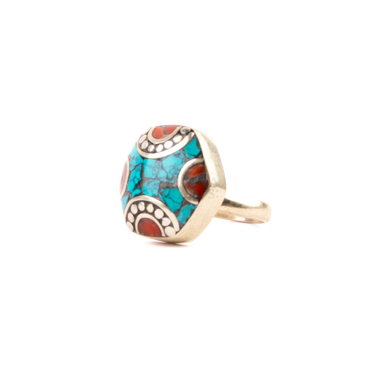 Tibetan Ring, Turquoise Red Coral, Hexagon Tibetan Ring, Handmade Nepali Jewelry