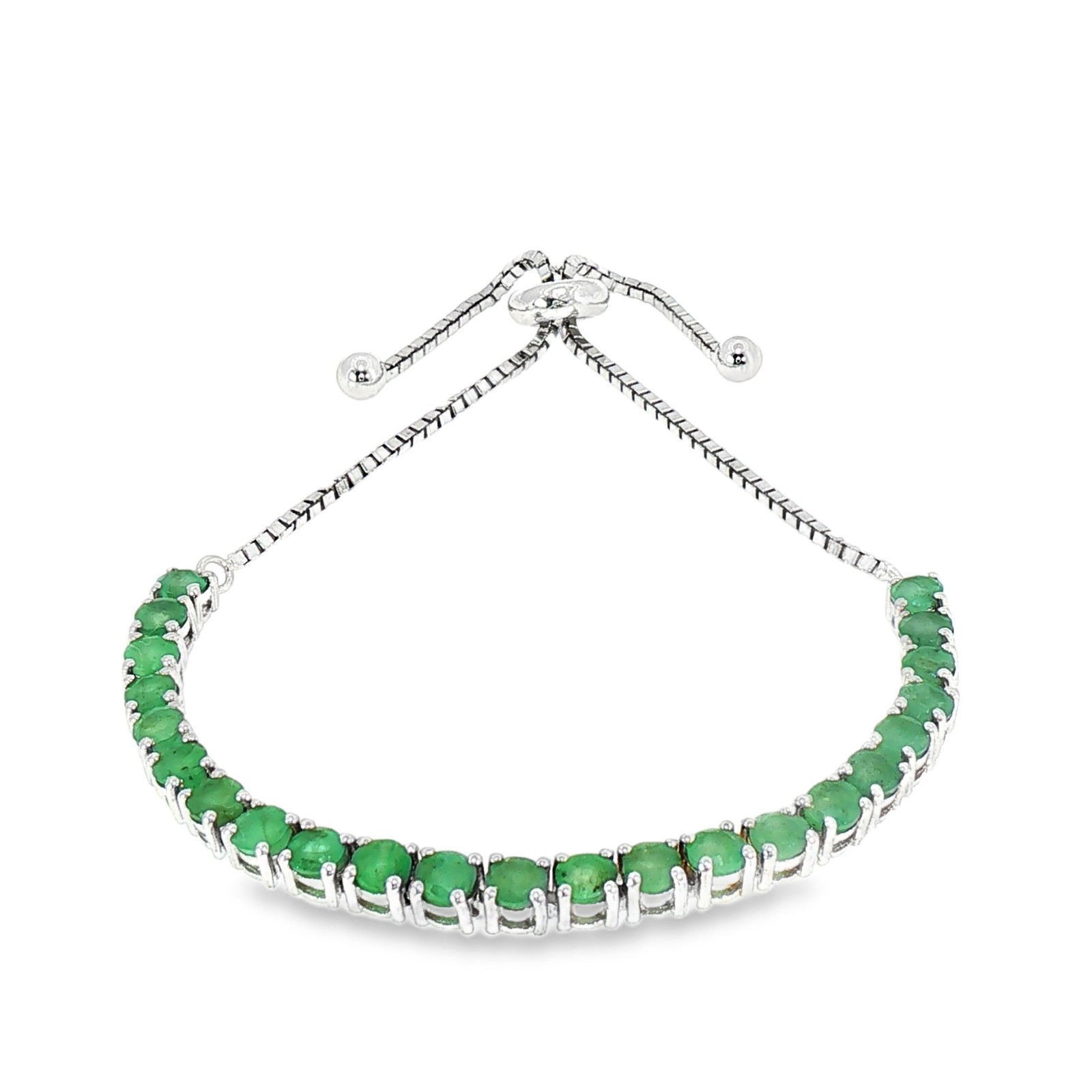 925 Sterling Silver Emerald Bracelet Adjustable Round 8.5gm Top Rich Green