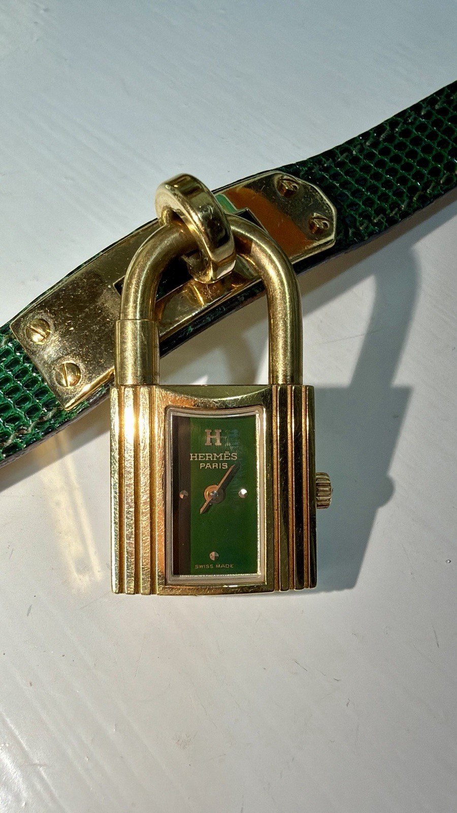 Hermes Kelly Watch Green Lizard Leather Strap Size 7