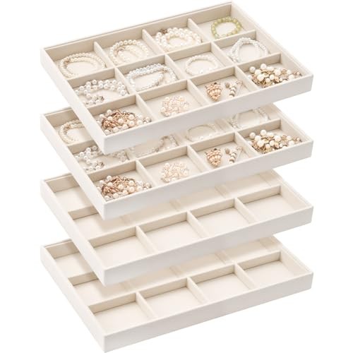 Cinnvoice 4 Pcs Stackable Jewelry Organizer Tray, 12 Grids Velvet Beige