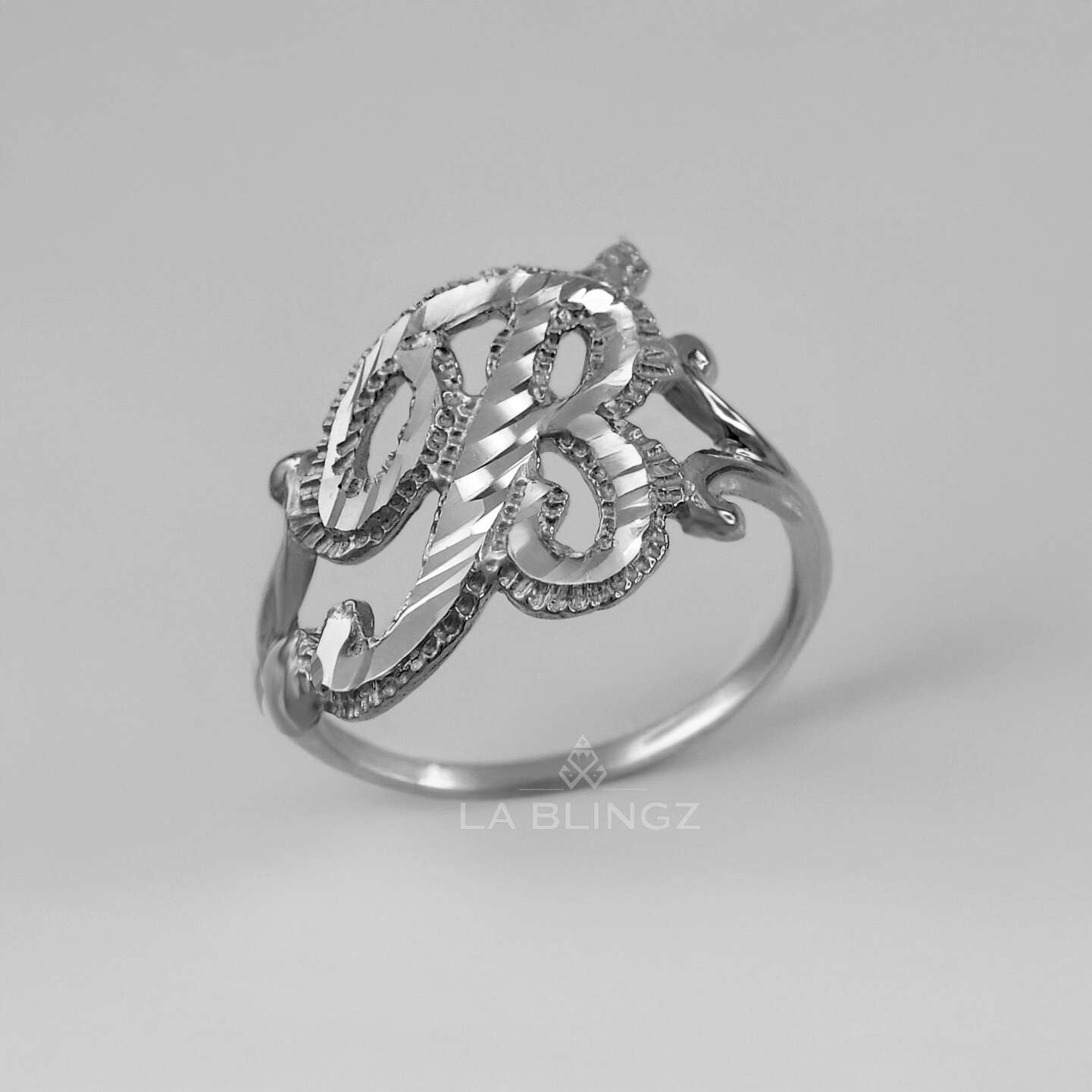 Elegant Sterling Silver Sparkle-Cut Cursive Letter Initial Script Ring for Women