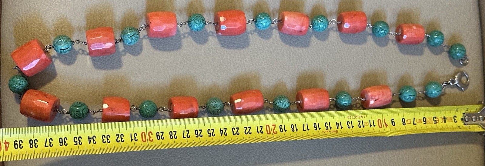PINK CORAL NECKLACE MATCHING FACETED BEADS-TURQUOISE-SILVER 925-80 CM