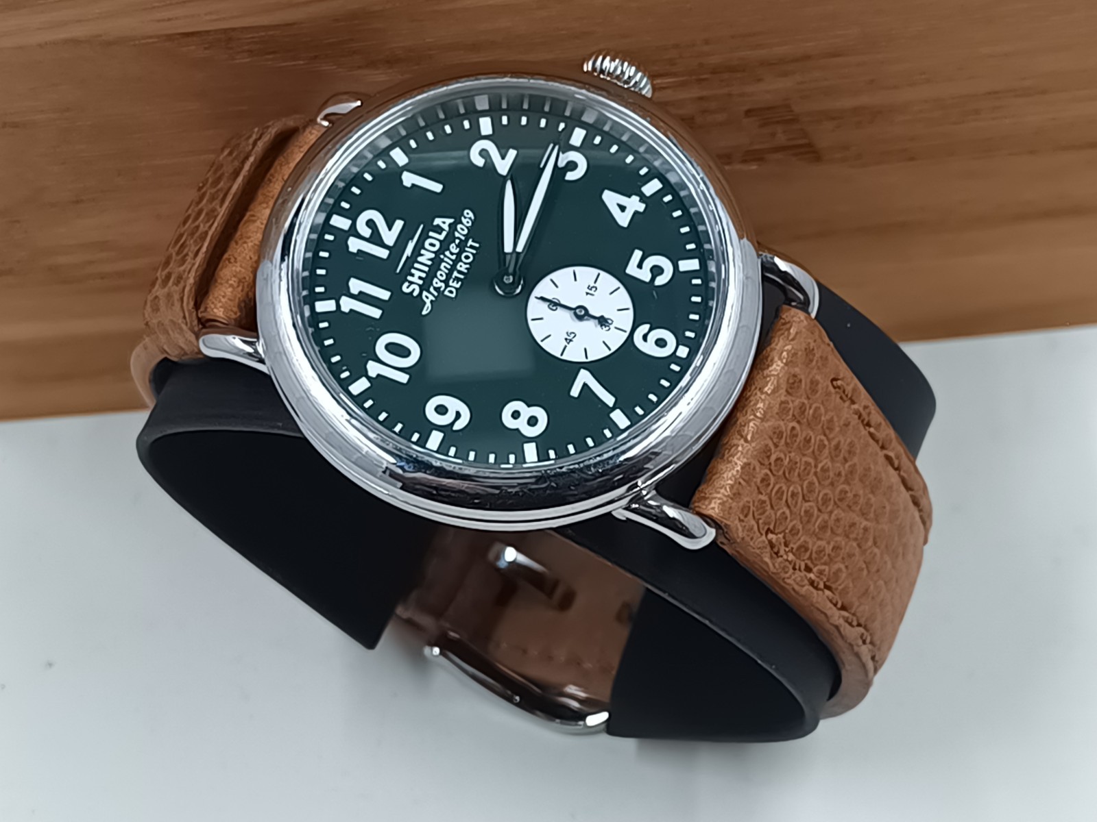 Shinola Argonite 1069 Detroit Green Dial Brown Leather Men’s Quartz Watch w/ Box