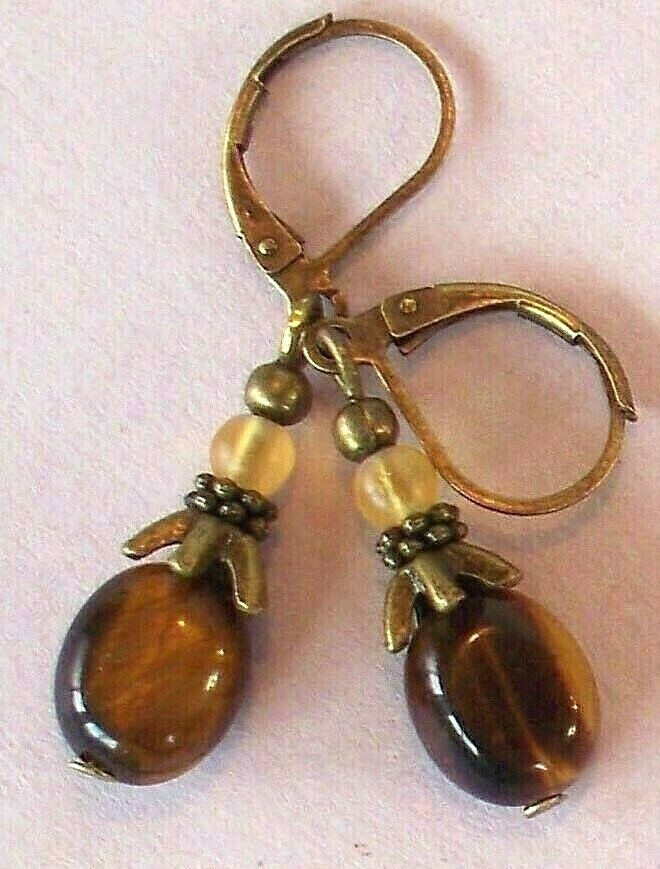 TIGER EYE oval frosted Crystal earring BRONZE handcrafted LEVERBACK XGE