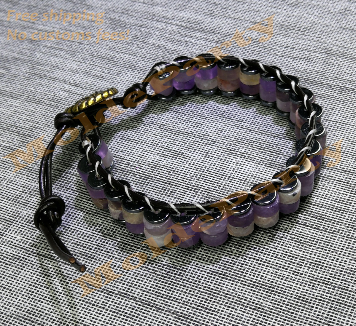 Handmade Natural Gemstone Mauve Jade Beaded Leather Bracelet Gift Healing Reiki