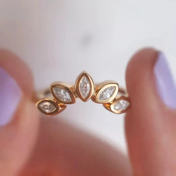 Moissanite Engagement Curved Ring 1 Ct Marquise Cut 14K Yellow Gold Plated
