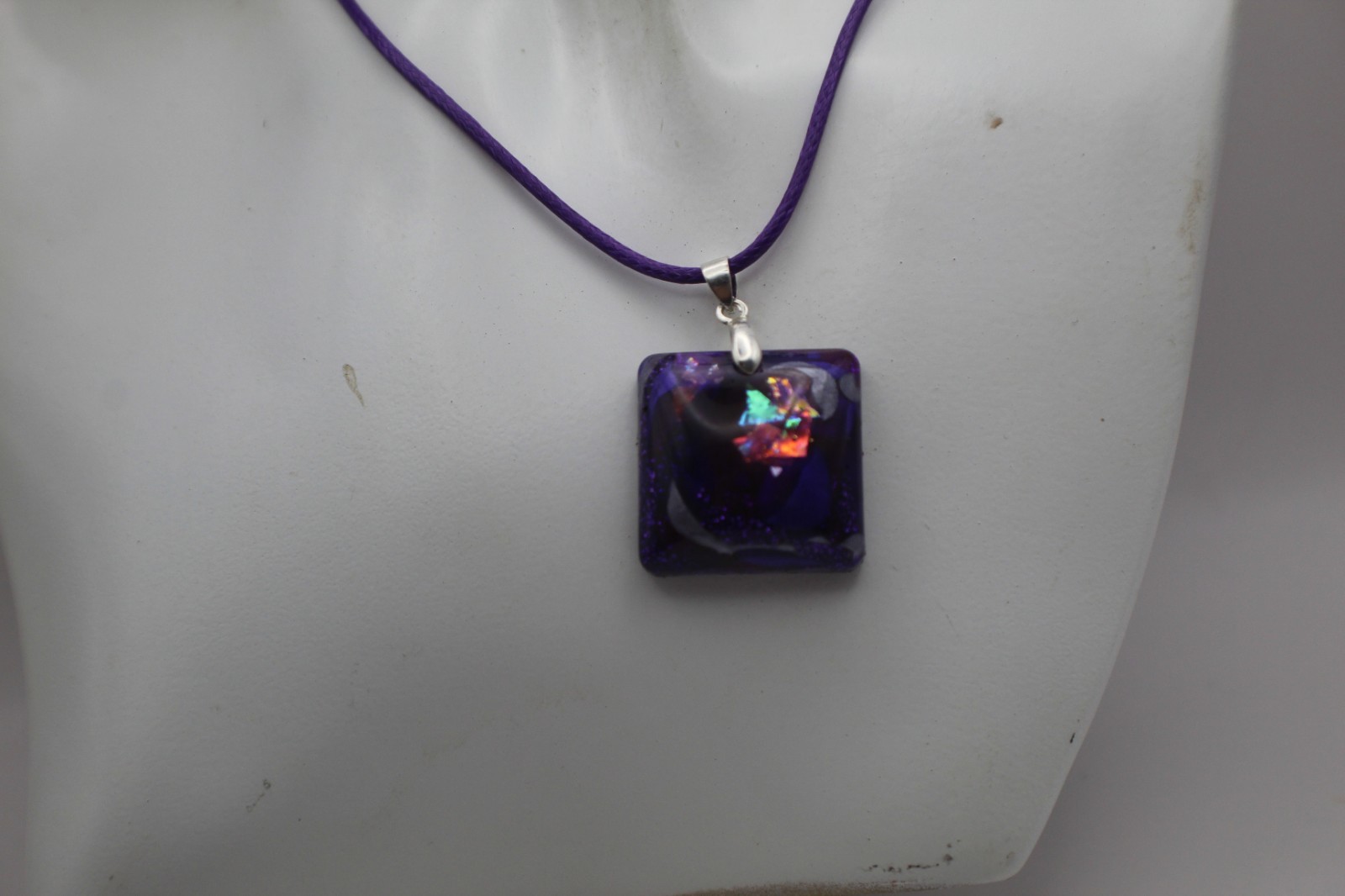 50 Shades Of Purple Beautiful Square Shaped Resin Pendant On A Cord