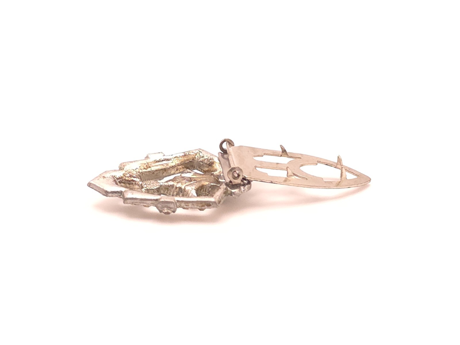 Vintage Art Deco Silver Tone Shield Dress Clip, Clear Round Simulated Rhinestone