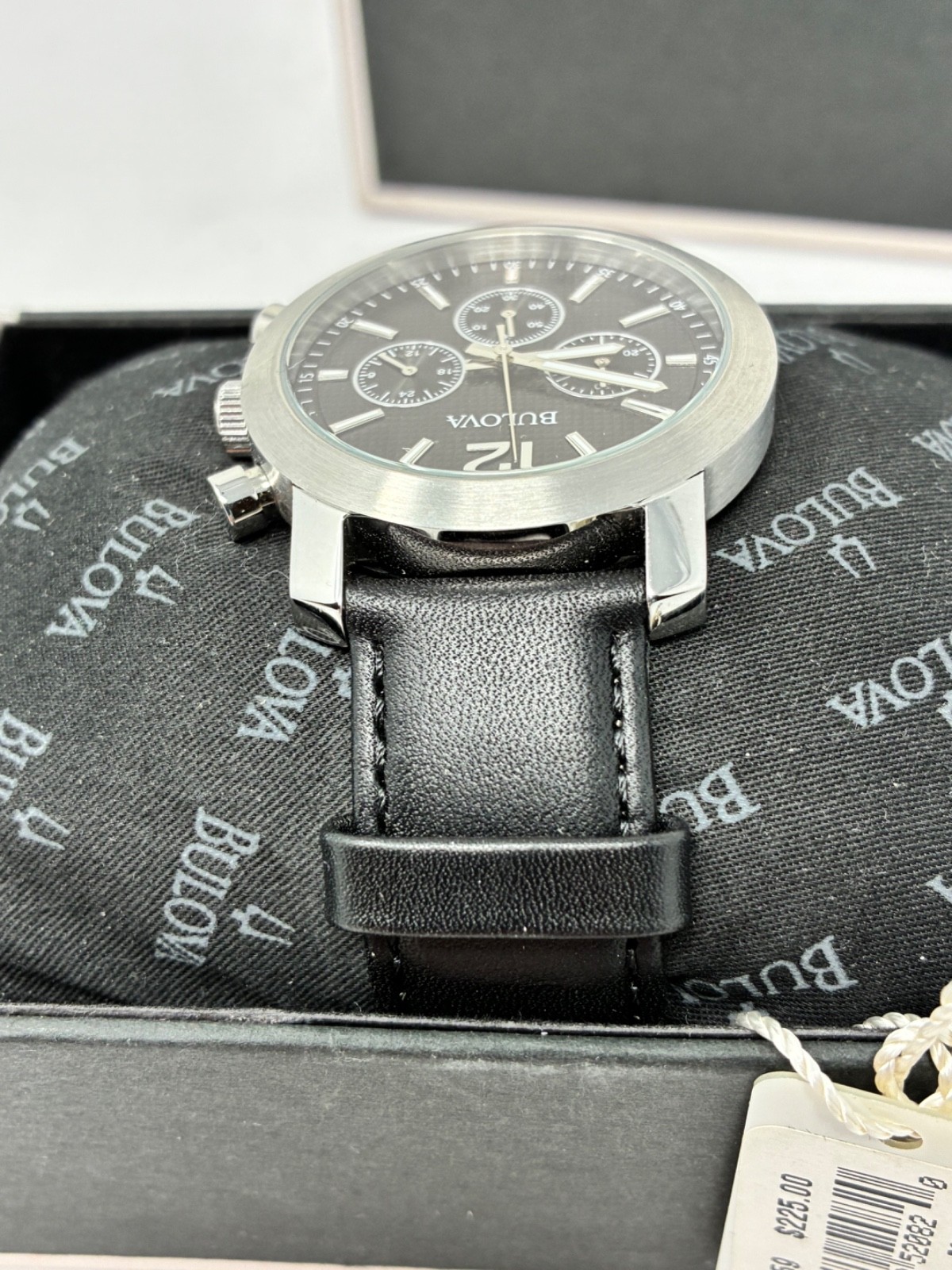 Bulova Men’s Sport Chronograph Watch Black Dial Leather Strap 96A159