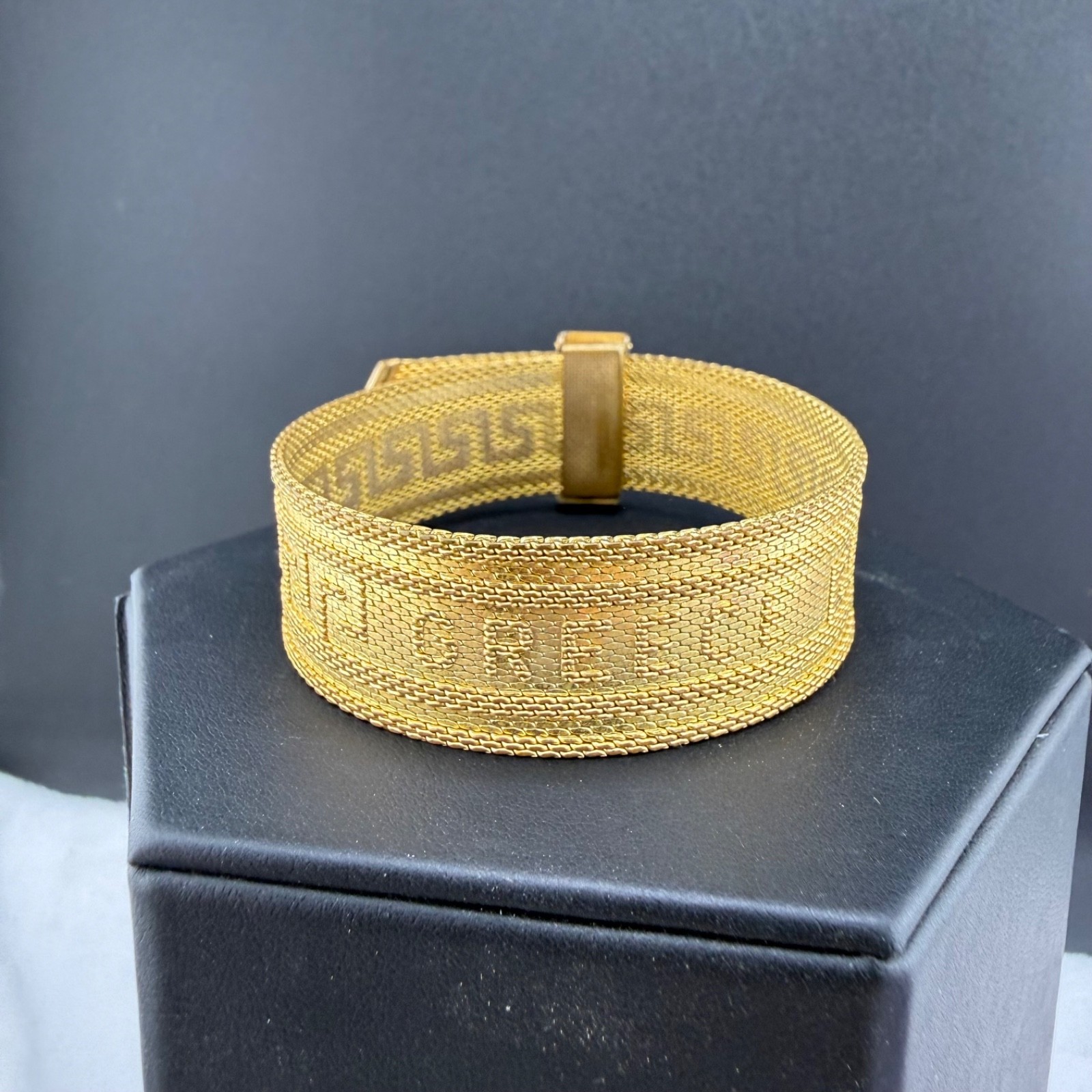 Vintage Greek Key Buckle Bracelet Wide Greece Gold Tone Adjustable 7.5”