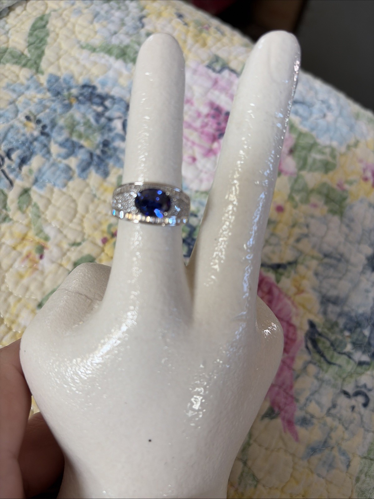W 925 Signed Ring Blue Sapphire An Zirconia Sz 8